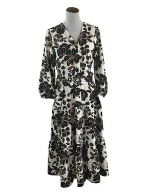 Fred David Black and White Floral Wrap-Style Midi Dress Button front Boho Sz S